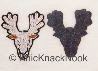 Hand Embroidered Reindeer Applique In Silver And Brown Zardozi Threadwork, Animal Motif, Christmas DIY